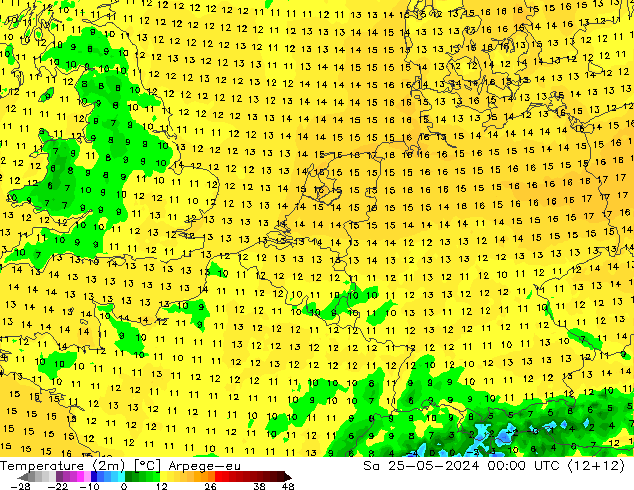 mapa temperatury (2m) Arpege-eu so. 25.05.2024 00 UTC