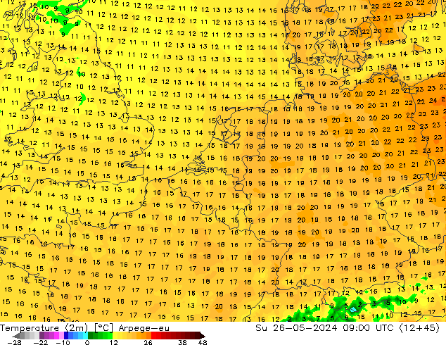 température (2m) Arpege-eu dim 26.05.2024 09 UTC