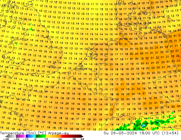 Temperaturkarte (2m) Arpege-eu So 26.05.2024 18 UTC