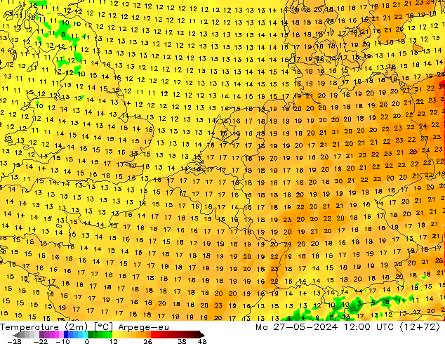 Temperaturkarte (2m) Arpege-eu Mo 27.05.2024 12 UTC