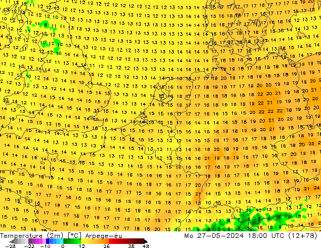 Temperature (2m) Arpege-eu Mo 27.05.2024 18 UTC