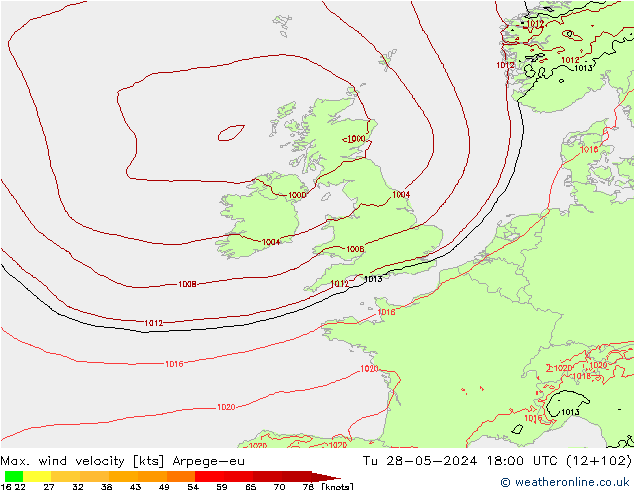 Max. wind snelheid Arpege-eu di 28.05.2024 18 UTC