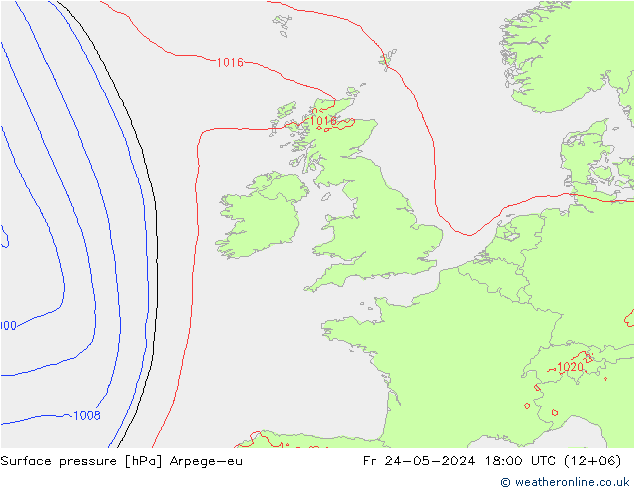 Pressione al suolo Arpege-eu ven 24.05.2024 18 UTC