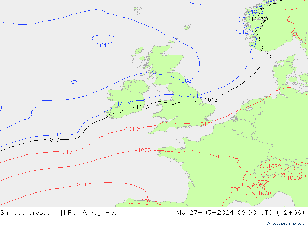 Surface pressure Arpege-eu Mo 27.05.2024 09 UTC