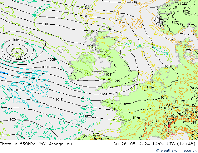 Theta-e 850hPa Arpege-eu Su 26.05.2024 12 UTC