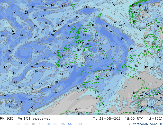 RH 925 hPa Arpege-eu Tu 28.05.2024 18 UTC