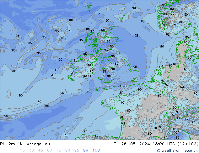 RH 2m Arpege-eu mar 28.05.2024 18 UTC