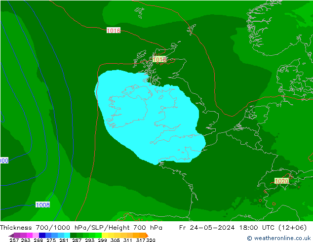 Thck 700-1000 гПа Arpege-eu пт 24.05.2024 18 UTC