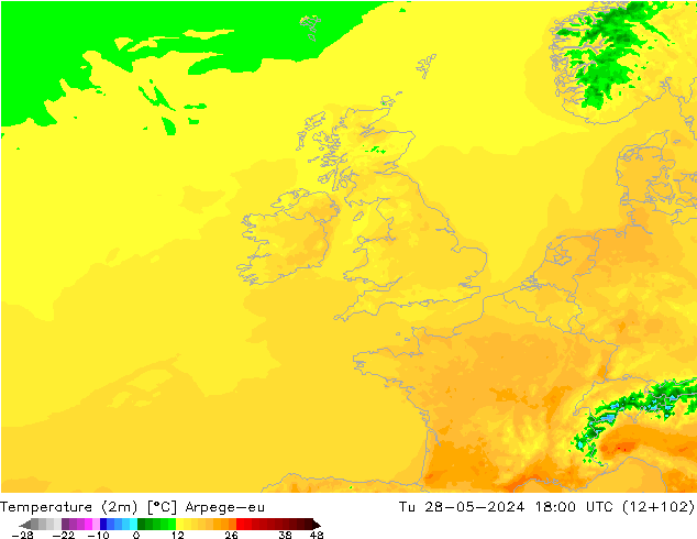 Sıcaklık Haritası (2m) Arpege-eu Sa 28.05.2024 18 UTC