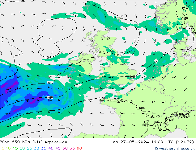 Wind 850 hPa Arpege-eu ma 27.05.2024 12 UTC