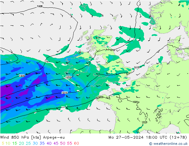 wiatr 850 hPa Arpege-eu pon. 27.05.2024 18 UTC