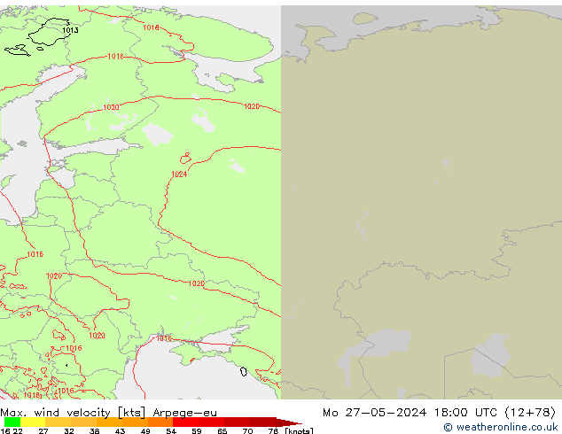 Max. wind velocity Arpege-eu Mo 27.05.2024 18 UTC