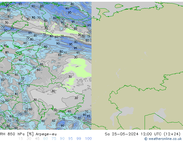 Humidité rel. 850 hPa Arpege-eu sam 25.05.2024 12 UTC