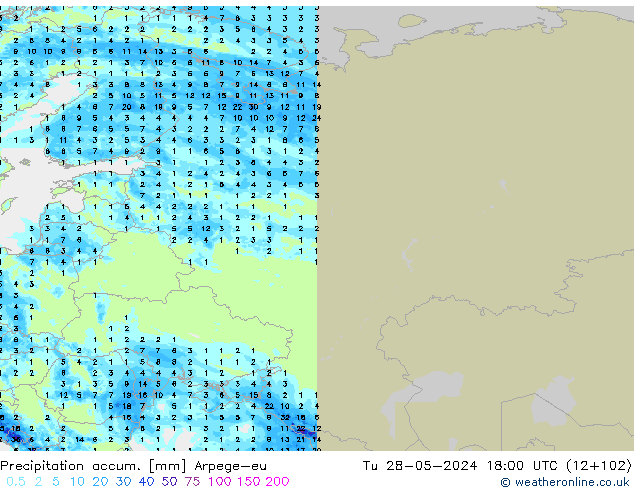 Precipitation accum. Arpege-eu Út 28.05.2024 18 UTC