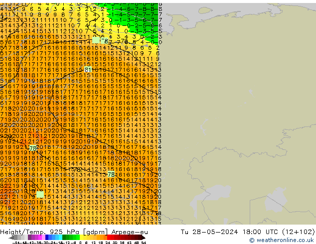 Géop./Temp. 925 hPa Arpege-eu mar 28.05.2024 18 UTC