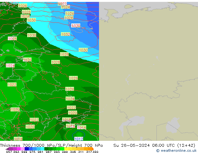 Thck 700-1000 hPa Arpege-eu  26.05.2024 06 UTC