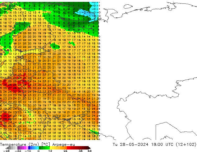 Temperatuurkaart (2m) Arpege-eu di 28.05.2024 18 UTC