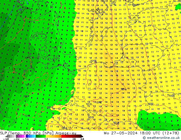 SLP/Temp. 850 hPa Arpege-eu Mo 27.05.2024 18 UTC