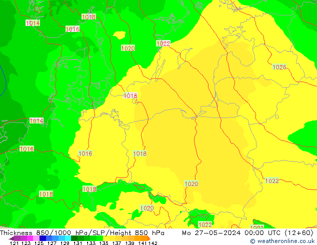 Dikte 850-1000 hPa Arpege-eu ma 27.05.2024 00 UTC