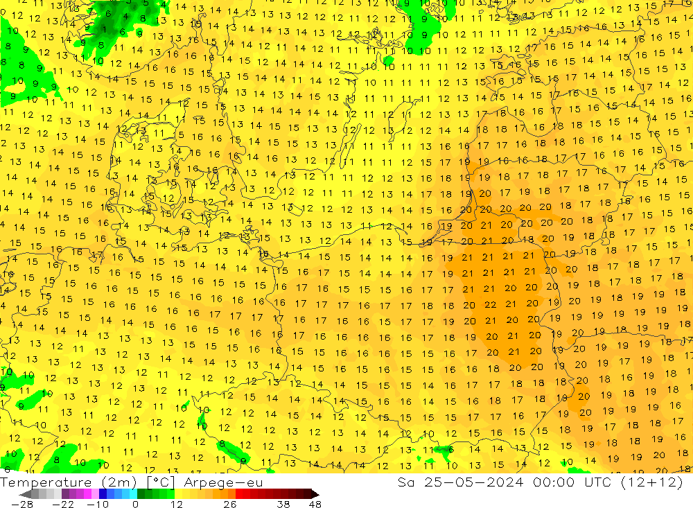 Temperatuurkaart (2m) Arpege-eu za 25.05.2024 00 UTC