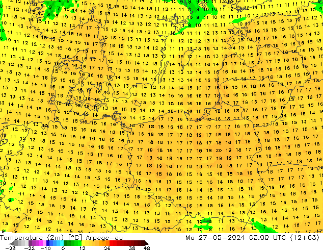 température (2m) Arpege-eu lun 27.05.2024 03 UTC