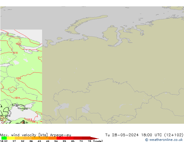 Max. wind velocity Arpege-eu Út 28.05.2024 18 UTC