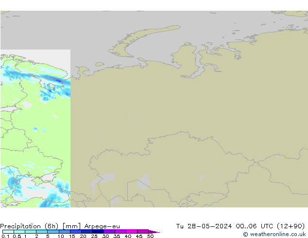 осадки (6h) Arpege-eu вт 28.05.2024 06 UTC