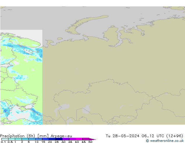 Totale neerslag (6h) Arpege-eu di 28.05.2024 12 UTC