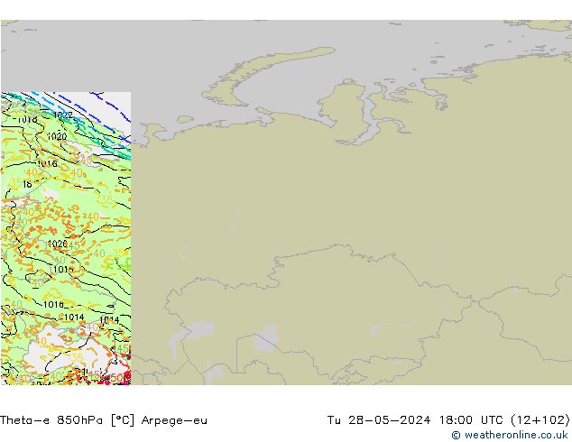 Theta-e 850hPa Arpege-eu Tu 28.05.2024 18 UTC