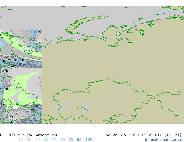 Humedad rel. 700hPa Arpege-eu sáb 25.05.2024 12 UTC