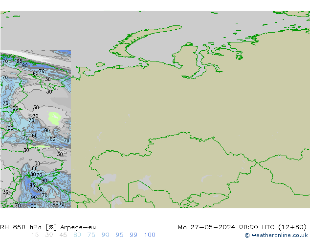 RH 850 гПа Arpege-eu пн 27.05.2024 00 UTC