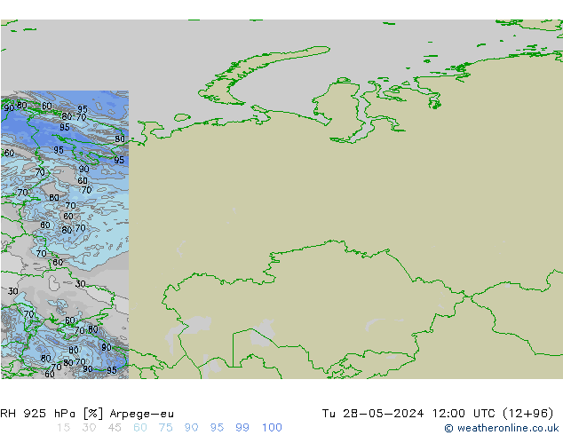 RH 925 гПа Arpege-eu вт 28.05.2024 12 UTC