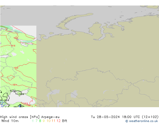 High wind areas Arpege-eu Tu 28.05.2024 18 UTC