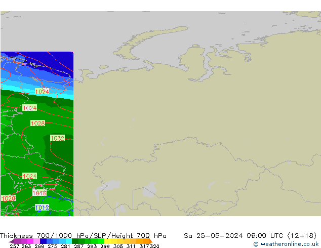 Thck 700-1000 гПа Arpege-eu сб 25.05.2024 06 UTC