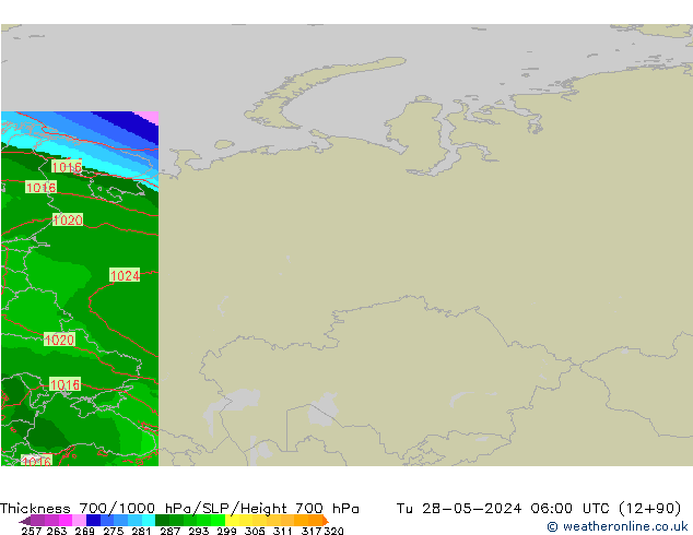 Espesor 700-1000 hPa Arpege-eu mar 28.05.2024 06 UTC