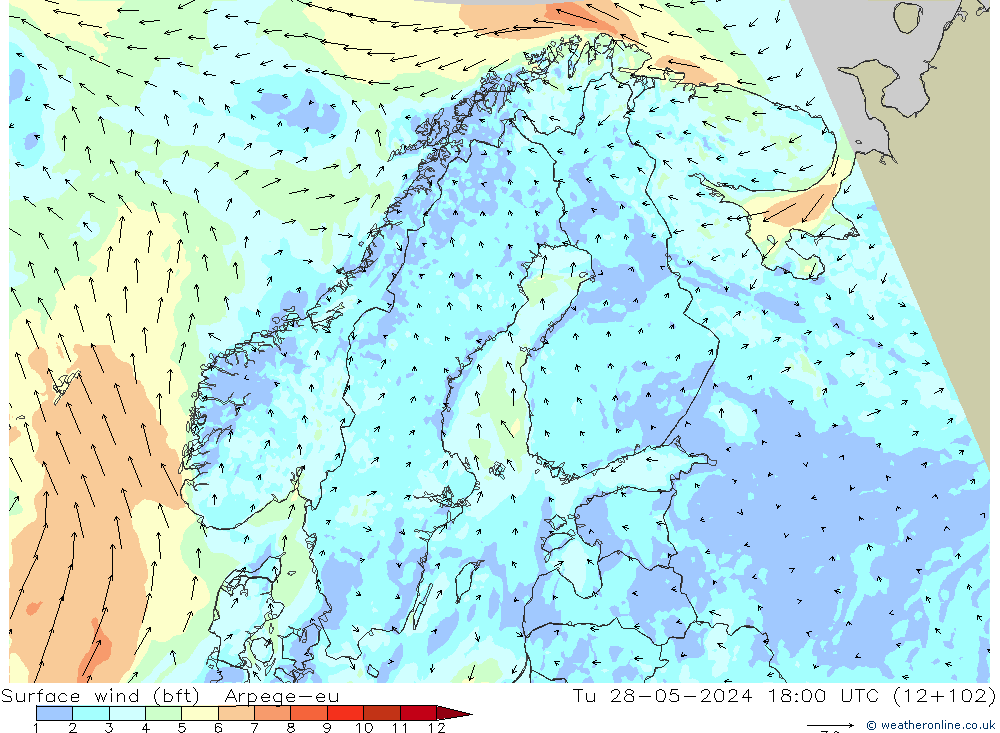 Surface wind (bft) Arpege-eu Út 28.05.2024 18 UTC