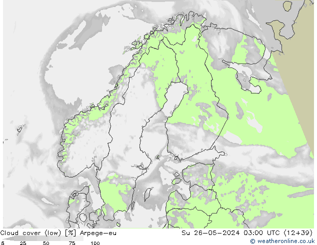 Cloud cover (low) Arpege-eu Su 26.05.2024 03 UTC