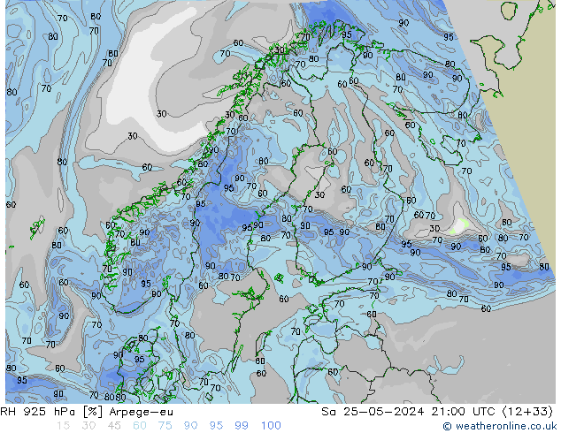 RH 925 hPa Arpege-eu Sáb 25.05.2024 21 UTC