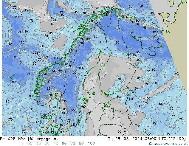 RH 925 hPa Arpege-eu Tu 28.05.2024 06 UTC