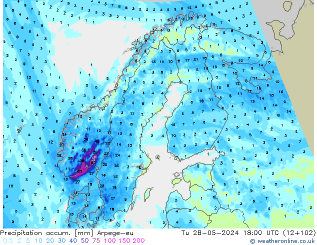 Precipitation accum. Arpege-eu wto. 28.05.2024 18 UTC