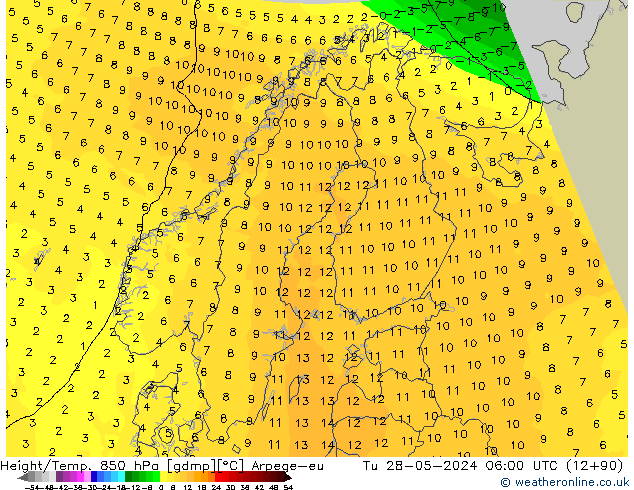 Height/Temp. 850 hPa Arpege-eu Tu 28.05.2024 06 UTC