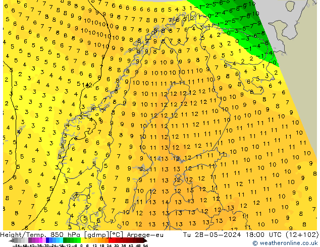 Height/Temp. 850 hPa Arpege-eu Tu 28.05.2024 18 UTC