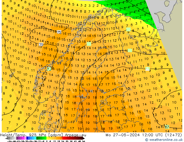 Height/Temp. 925 hPa Arpege-eu Po 27.05.2024 12 UTC