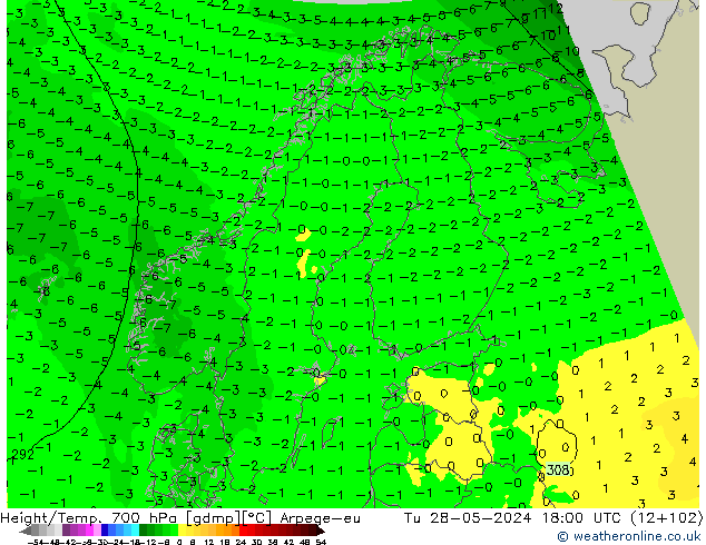 Height/Temp. 700 hPa Arpege-eu  28.05.2024 18 UTC