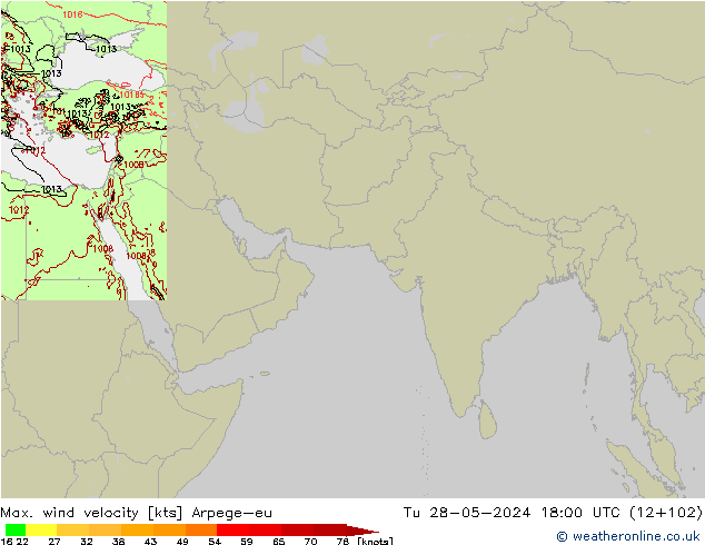 Max. wind velocity Arpege-eu Tu 28.05.2024 18 UTC