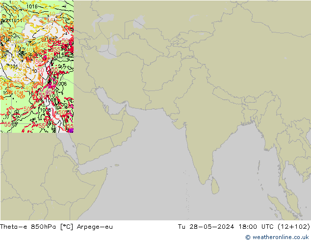 Theta-e 850hPa Arpege-eu Sa 28.05.2024 18 UTC