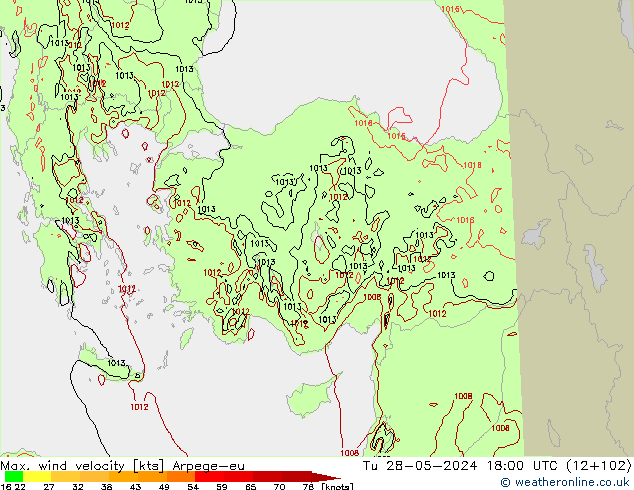 Max. wind velocity Arpege-eu mar 28.05.2024 18 UTC