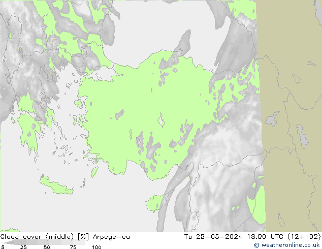 Cloud cover (middle) Arpege-eu Tu 28.05.2024 18 UTC