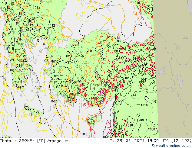 Theta-e 850hPa Arpege-eu Tu 28.05.2024 18 UTC