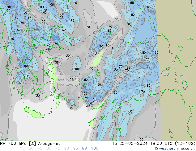 RH 700 hPa Arpege-eu Tu 28.05.2024 18 UTC